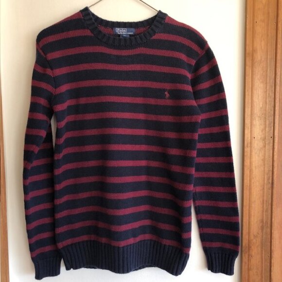 RALPH LAUREN POLO Cotton Crewneck Blue Red Stripe Sweater Boy Large - Picture 1 of 15